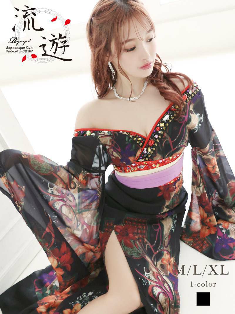 【流遊】花魁シフォン百合柄スリット着物ドレス ゆきぽよ 着用キャバドレス【Ryuyu】和柄ロングドレス