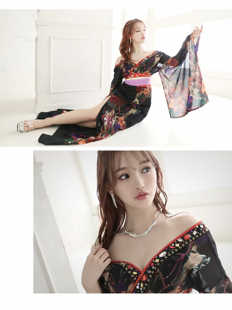 【流遊】花魁シフォン百合柄スリット着物ドレス ゆきぽよ 着用キャバドレス【Ryuyu】和柄ロングドレス