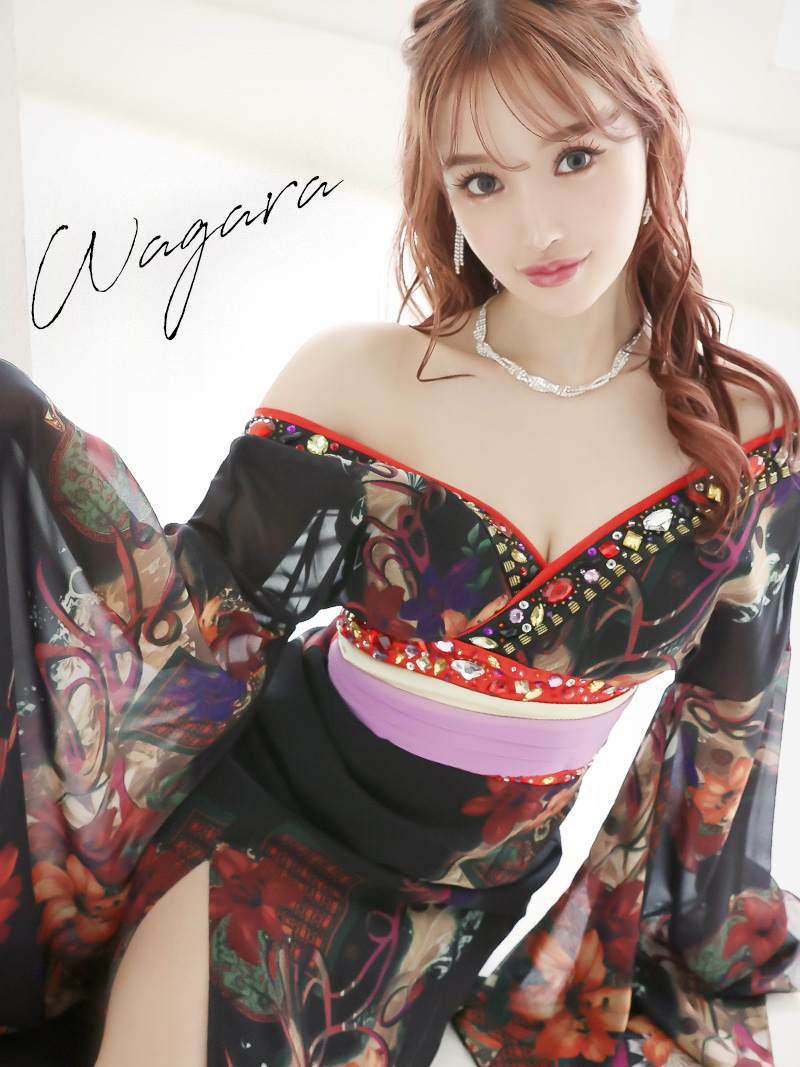 【流遊】花魁シフォン百合柄スリット着物ドレス ゆきぽよ 着用キャバドレス【Ryuyu】和柄ロングドレス
