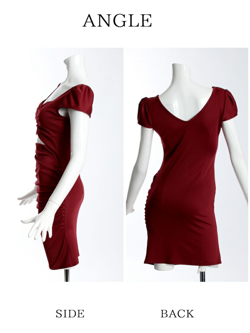 【Belsia】お腹見せギャザードレープミニドレス 単色ストレッチキャバクラドレス【ベルシア】(M/L)(ホワイト/ネイビー/ワイン)