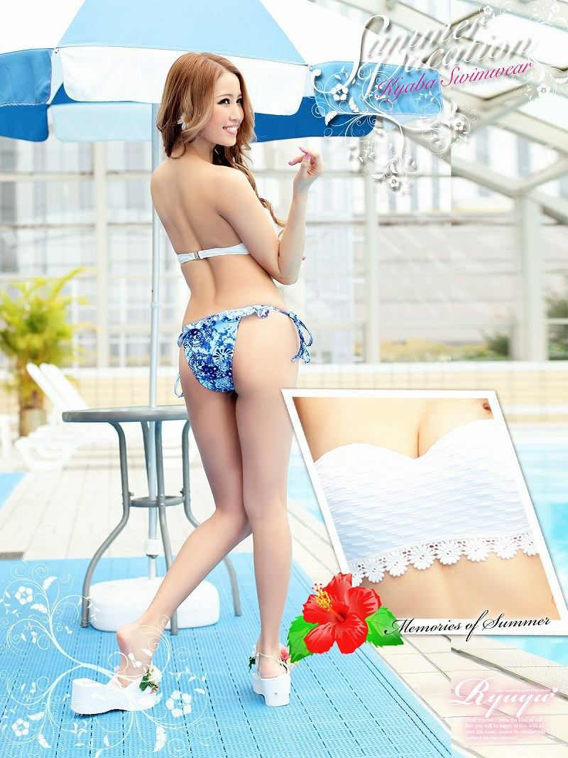 【即納】2WAY!水彩エスニックflowerバンドゥビキニ ホルターネックキャバ水着 2点セット(S/M)(ブルー)