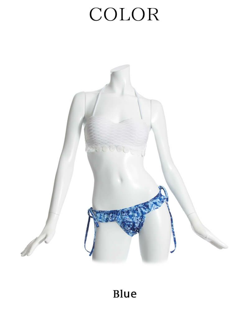 【即納】2WAY!水彩エスニックflowerバンドゥビキニ ホルターネックキャバ水着 2点セット(S/M)(ブルー)