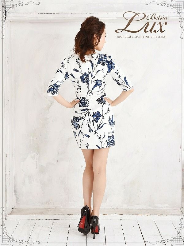 L/XLサイズ追加!! 【BelsiaLux】大人floral花柄五分袖カシュクールミニドレス 袖付キャバクラドレス【ベルシアリュクス】