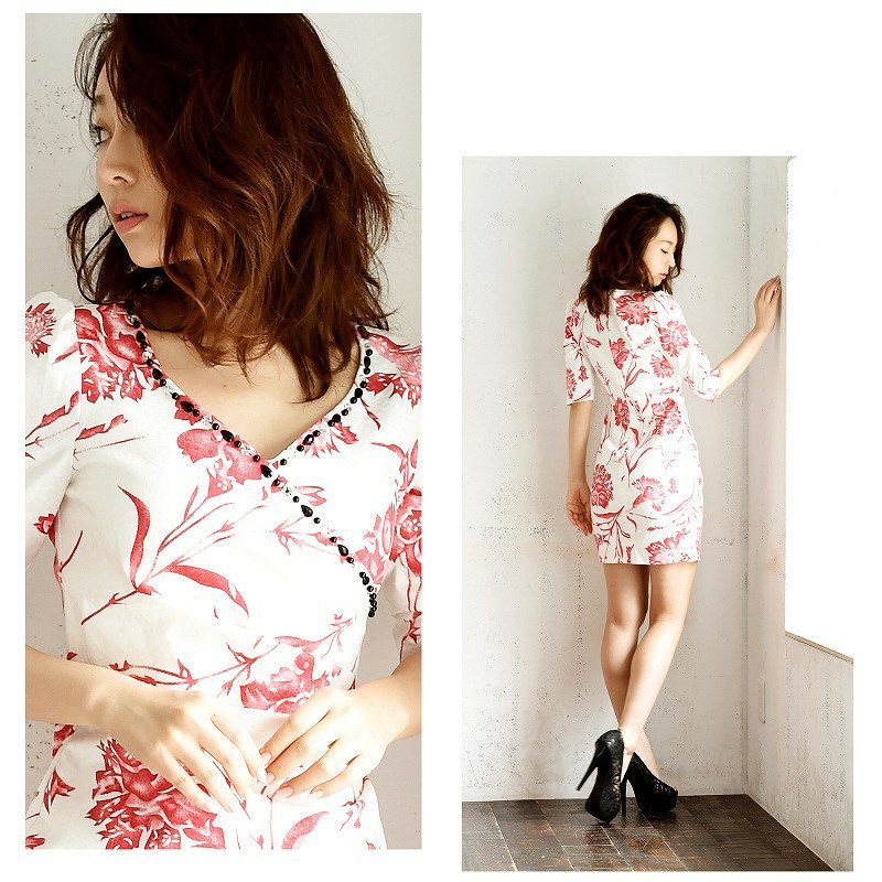 L/XLサイズ追加!! 【BelsiaLux】大人floral花柄五分袖カシュクールミニドレス 袖付キャバクラドレス【ベルシアリュクス】