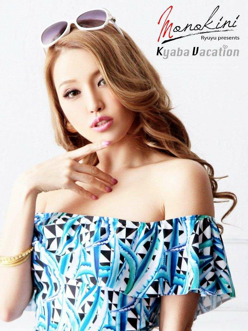 【即納】個性派celebオフショルダーワンピース水着 派手柄モノキニキャバ水着(S/M/L)(ブルー)