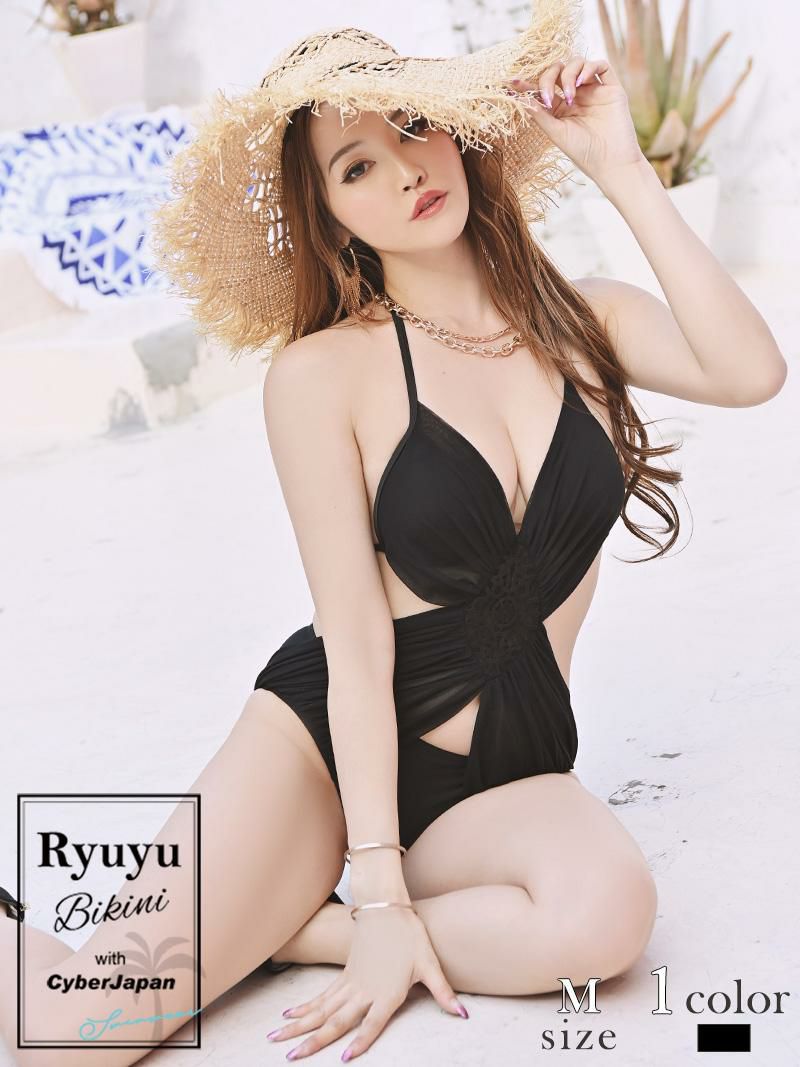 水着 カッティングブラックメッシュレースレディースモノキニ水着【Ryuyu】