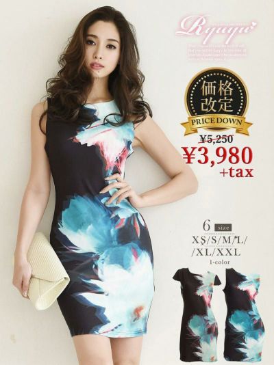 選べる袖丈!フラワープリントタイトキャバワンピースキャバクラドレス【RyuyuChick】(XS/S/M/L/XL/XXL)(ノースリーブ/半袖)