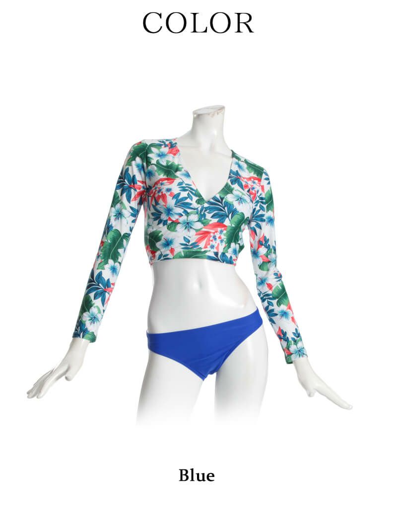 【即納】体型カバー◎ボタニカルflower長袖タンキニ ラッシュガード風キャバ水着 2点セット(M/L/XL)(ブルー)