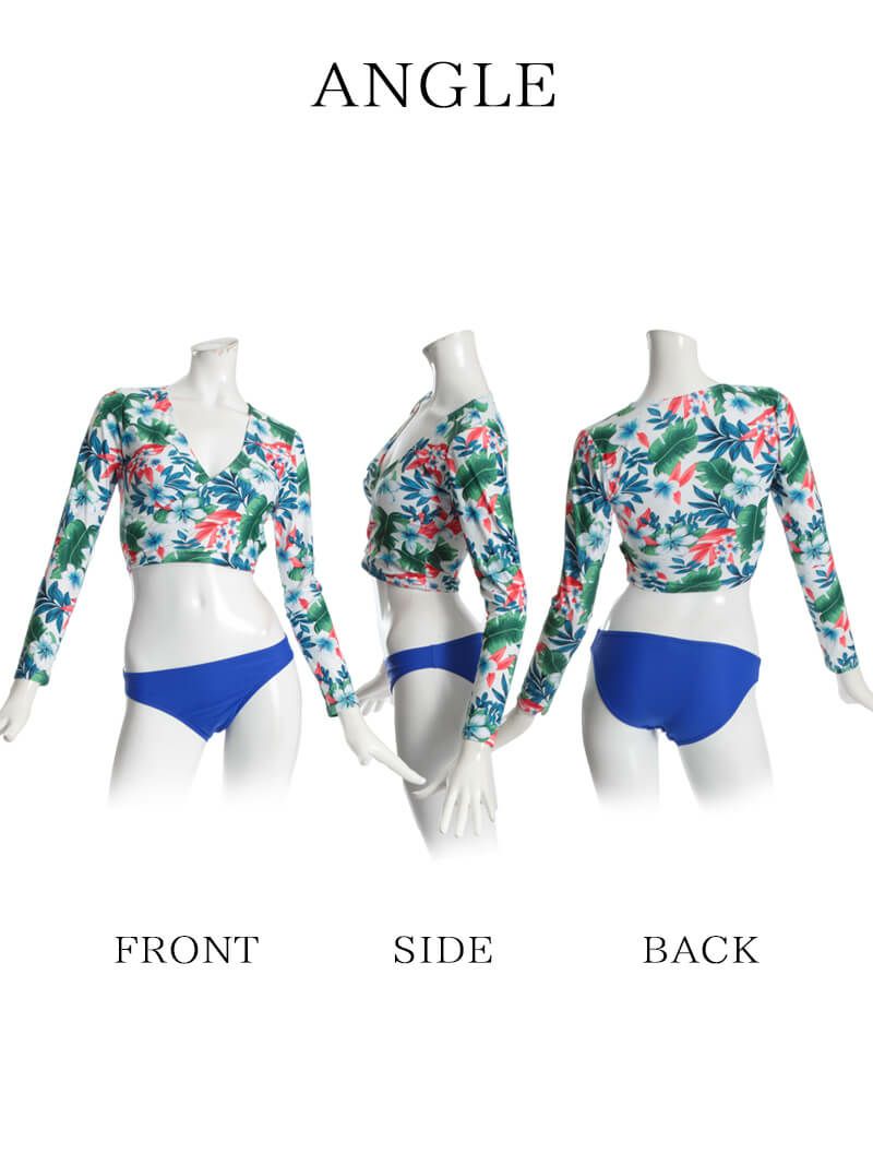 【即納】体型カバー◎ボタニカルflower長袖タンキニ ラッシュガード風キャバ水着 2点セット(M/L/XL)(ブルー)