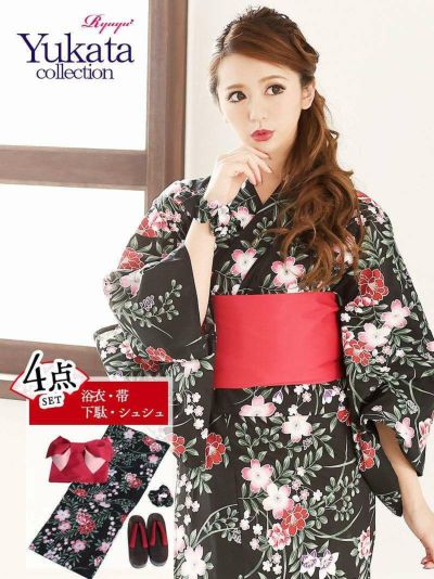 浴衣 4点セット 桜×緑葉 黒地キャバ浴衣 丸山慧子 着用 花火大会やイベントで活躍レディースゆかた