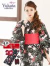 【即納】【キャバ浴衣4点セット】桜×緑葉 黒地キャバ浴衣 丸山慧子 着用浴衣 花火大会やイベントで活躍レディース浴衣