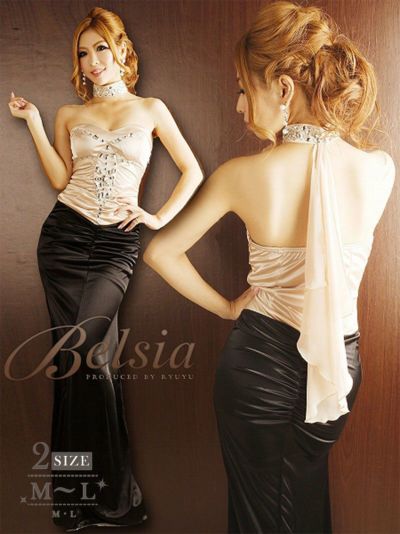 サテンビジューマーメイドラインキャバロングドレス【Belsia/ベルシア】(S/M/L/XL)(ゴールド)