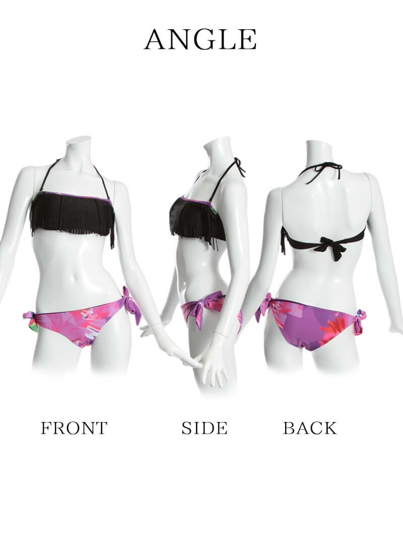 【即納】リバーシブルフリンジバンドゥビキニ 3WAY!ブラジリアンキャバ水着 2点セット(S/M)(パープル)