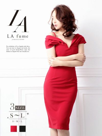 オフショル袖付き膝丈キャバワンピース【LAfume】(S/M/L)(レッド/ブラック)【サイズ別SALE!】
