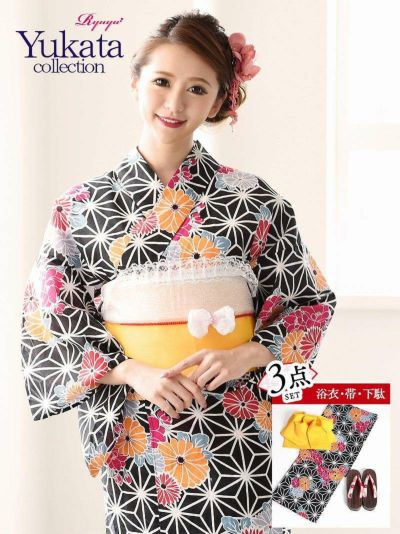 浴衣 3点セット 麻の葉×菊キャバ浴衣 丸山慧子 着用 花火大会やイベントで活躍レディースゆかた