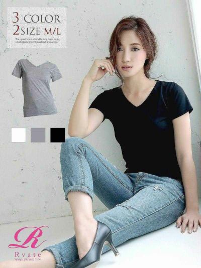 小顔効果◎Vネック半袖キャバTシャツ シンプル無地トップス【Rvate】