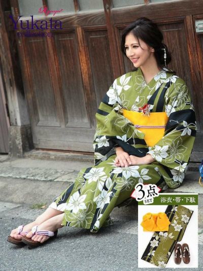浴衣 3点セット 綿紅梅仕立ての高級浴衣 縞にクレマチス古典柄上質レディースゆかた