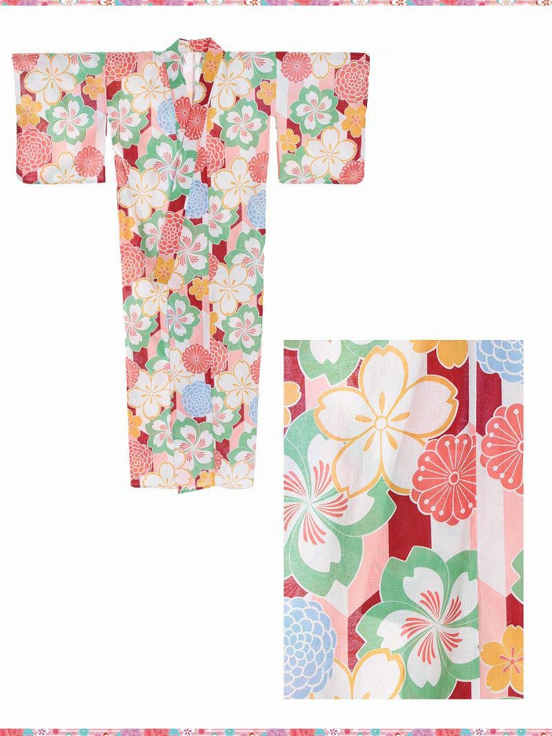 【即納】【綿紅梅仕立ての高級浴衣 3点セット】鮮やか桜レトロモダン柄キャバ浴衣 上質レディース浴衣