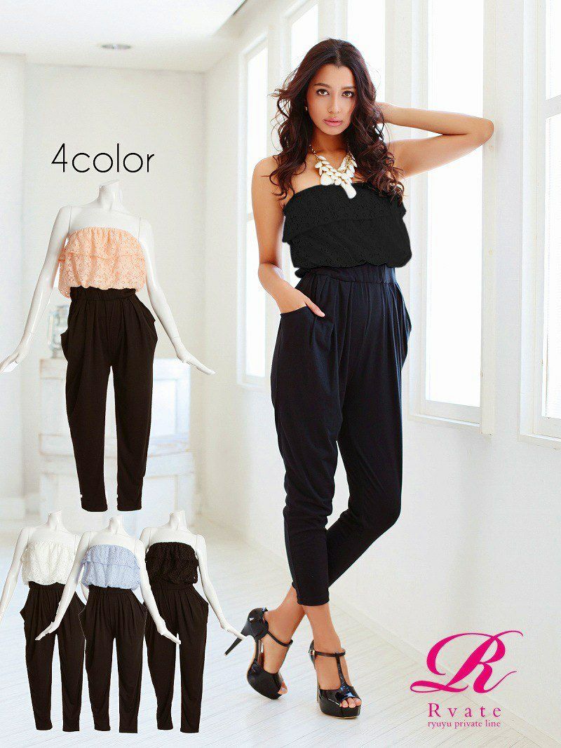 【Rvate】ティアードフリル花柄レースベアトップオールインワン レイヤード風バイカラーサロペット