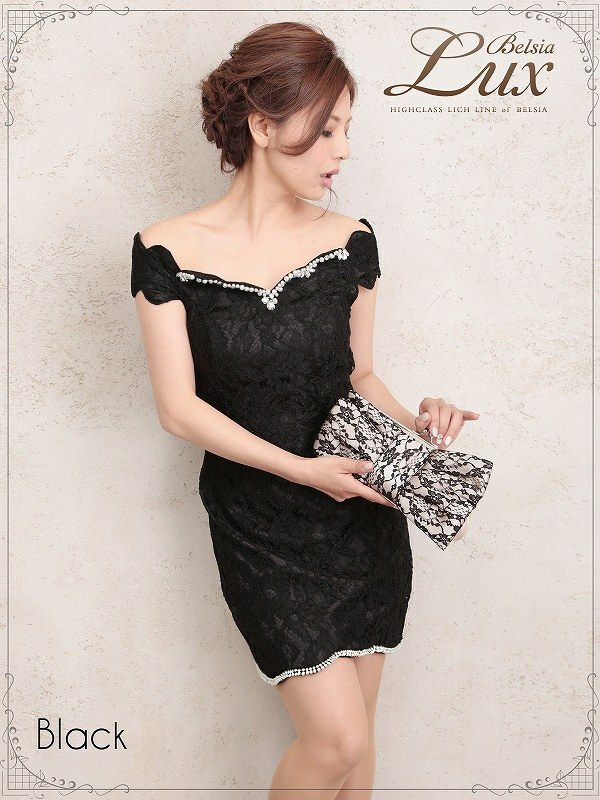 Lサイズ追加!! 【BELSIA LUX】美顔なオフショルミニドレス/花柄フロッキーレースで纏う袖付きタイトドレス