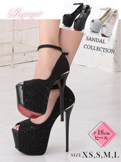 煌stone美脚オープントゥキャバパンプス【Ryuyu】極前厚アンクルストラップヒールパンプス(XS/S/M/L)(ブラック/シルバー)