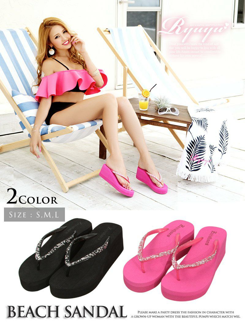 ラインストーン厚底ビーチサンダル ラバーウェッジソール キャバ水着やデイリーにも◎