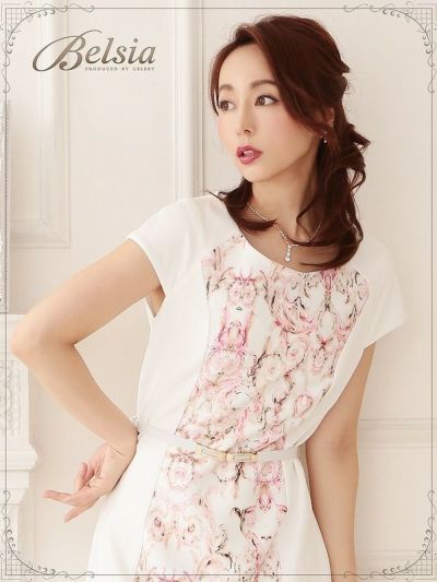 キャバドレスパステルダマスク柄袖付ミニドレス ストレッチキャバクラドレス ベルト付【Belsia】