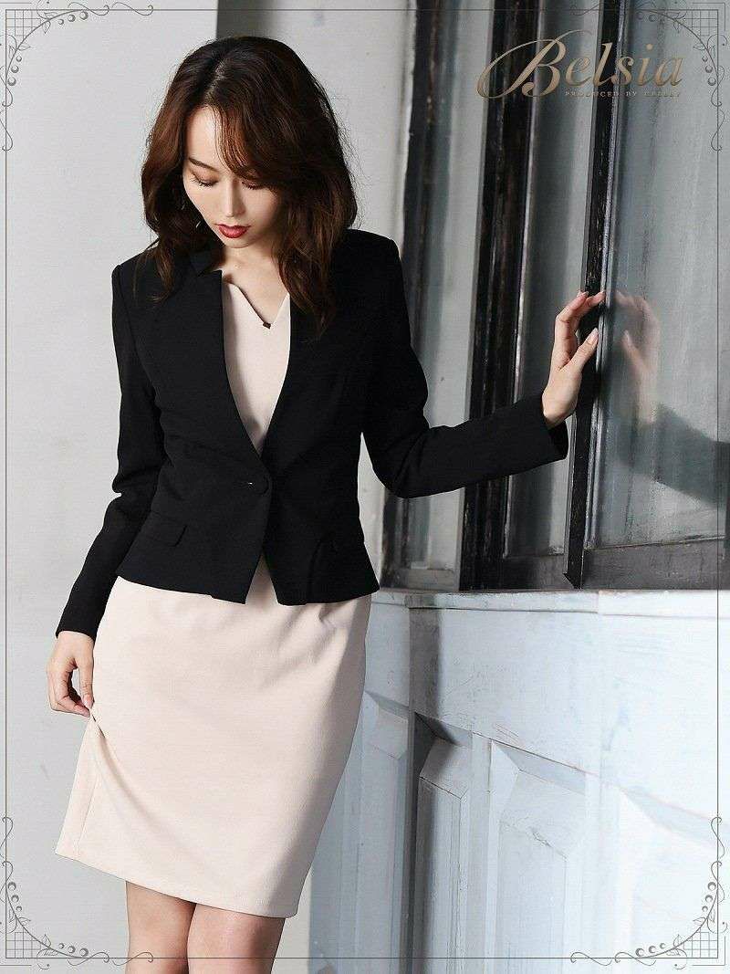 Belsia 大人フォーマルスーツ 膝丈ノーカラーワンピスーツ バイカラーキャバクラワンピーススーツ ベルシア S M L Xl ブラック ベージュ Rew You リューユ
