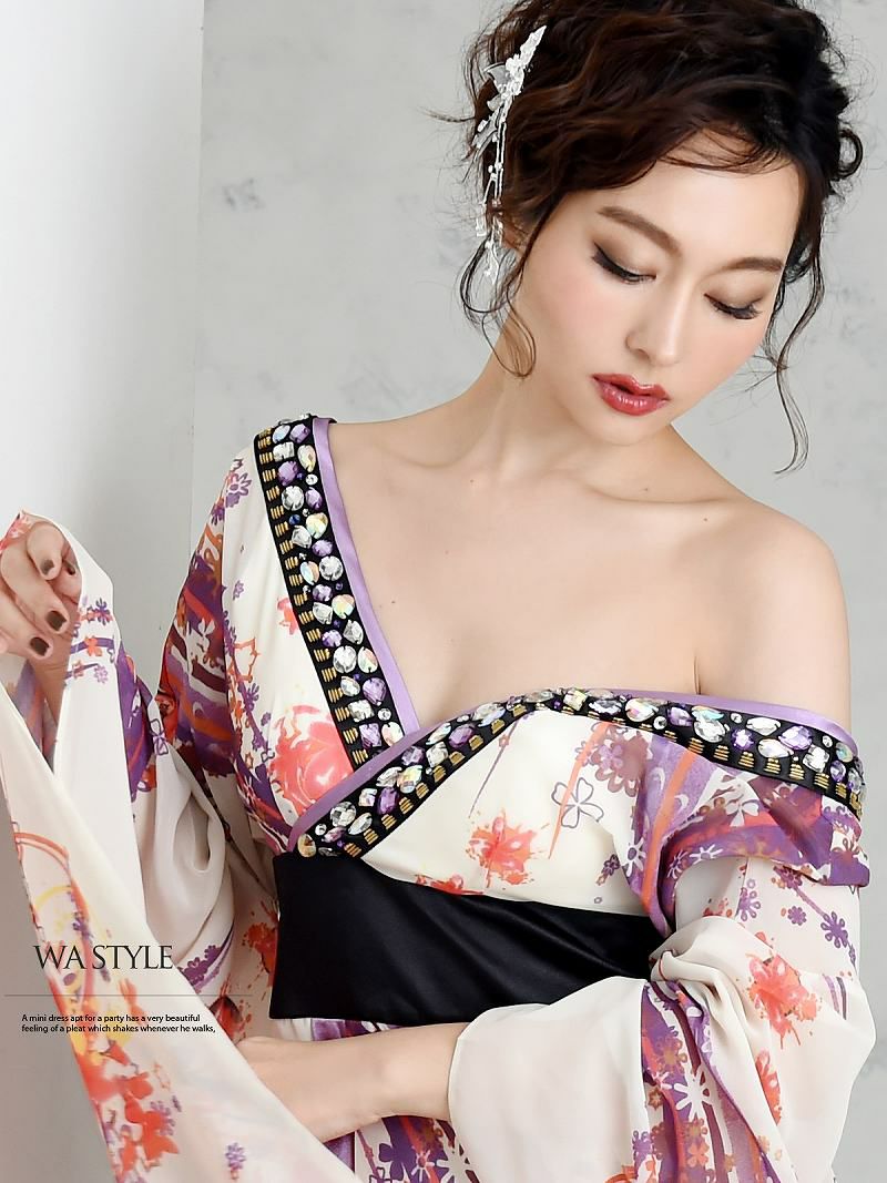 華やか和柄シフォン着物ドレスキャバクラ花魁ロングドレス【流遊】(S/M