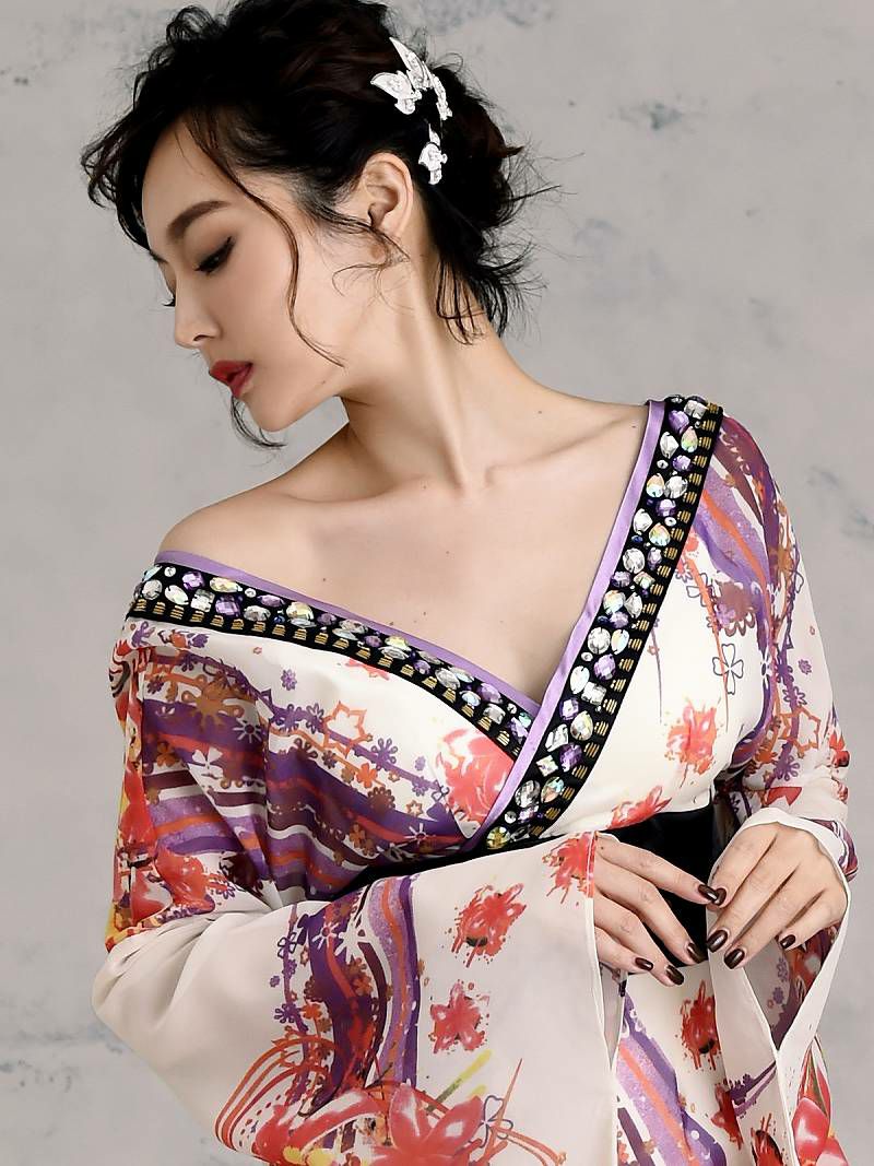 華やか和柄シフォン着物ドレスキャバクラ花魁ロングドレス【流遊】(S/M