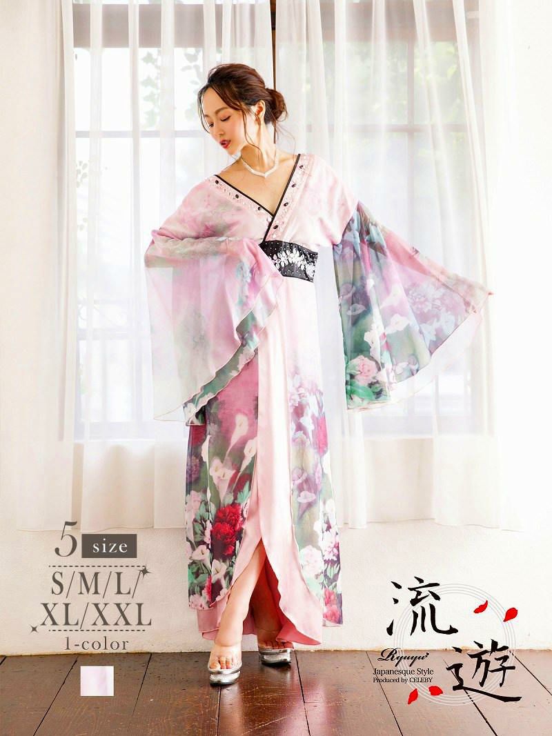 XXLサイズ追加!!【流遊】美グラデぼかし花柄シフォン和柄ロングドレス【Ryuyu】【リューユ】キャバクラ花魁着物ロングドレス