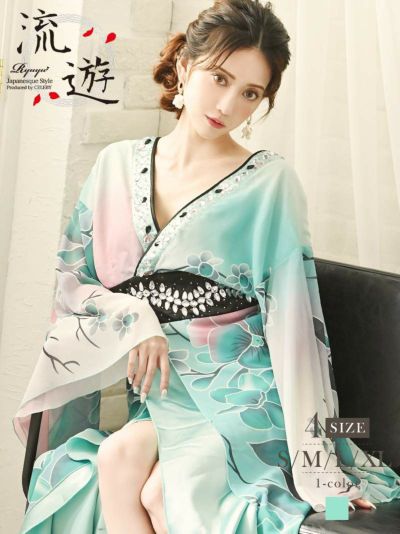 グリーンカラー和華柄美グラデ和柄ドレス 加賀美早紀 着用 花魁ドレス【流遊】(S/M/L/XL)(グリーン)