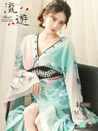 グリーンカラー和華柄美グラデ和柄ドレス 加賀美早紀 着用 花魁ドレス【流遊】(S/M/L/XL)(グリーン)