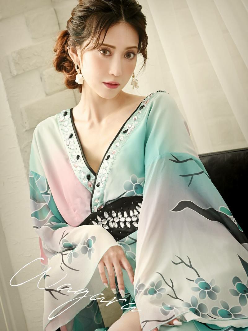 グリーンカラー和華柄美グラデ和柄ドレス 加賀美早紀 着用 花魁