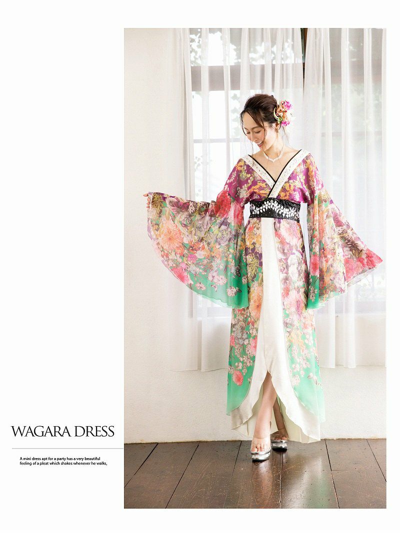 グラデーション和華柄シフォン着物ドレス【流遊/りゅうゆう】(S/M/L/XL)(グリーン)