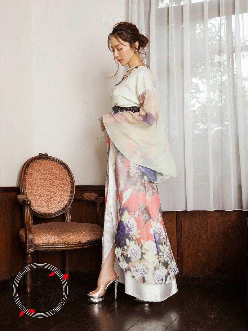 XLサイズ追加!! 【流遊】妖艶ぼかし花柄シフォン和柄ロングドレス【Ryuyu】【リューユ】キャバクラ花魁着物ドレス
