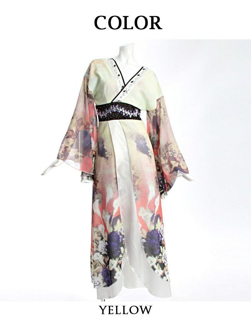 XLサイズ追加!! 【流遊】妖艶ぼかし花柄シフォン和柄ロングドレス【Ryuyu】【リューユ】キャバクラ花魁着物ドレス