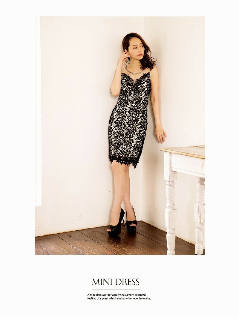 【Belsia】sexy透けメッシュ総レースミニドレス 背中見せノースリーブキャバクラドレス【ベルシア】
