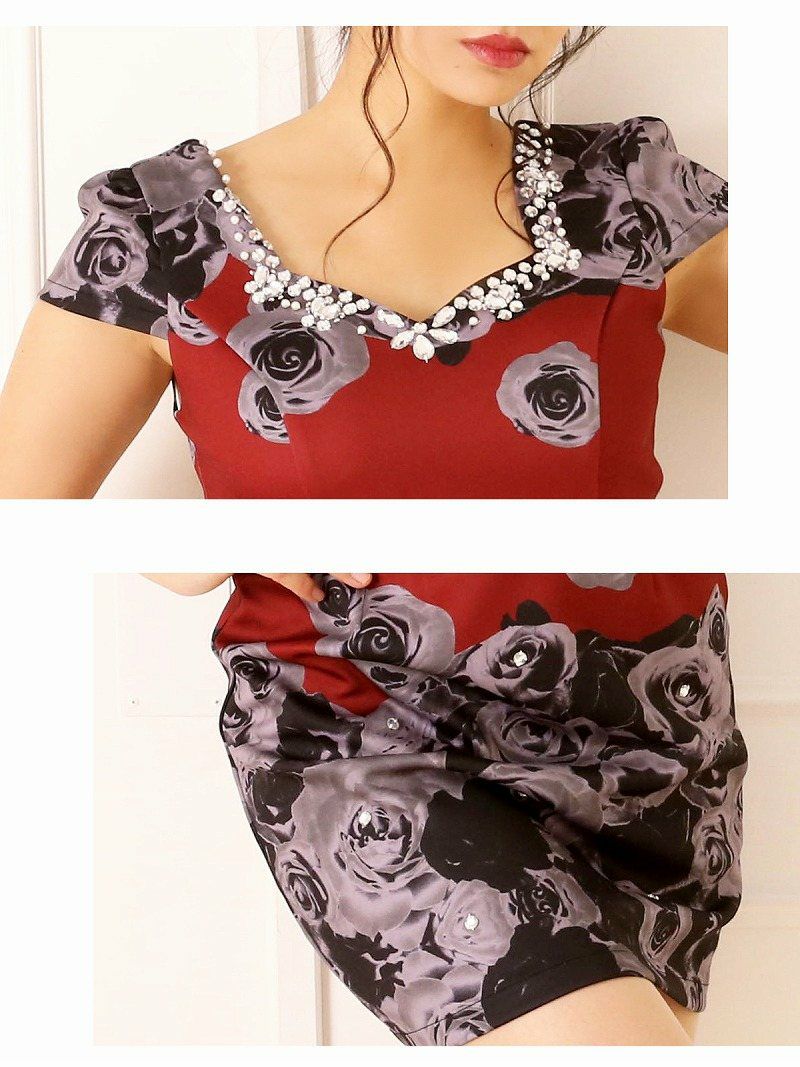 【Belsia】ぼかしRose柄ストレッチミニドレス 袖付きキャバクラドレス【ベルシア】