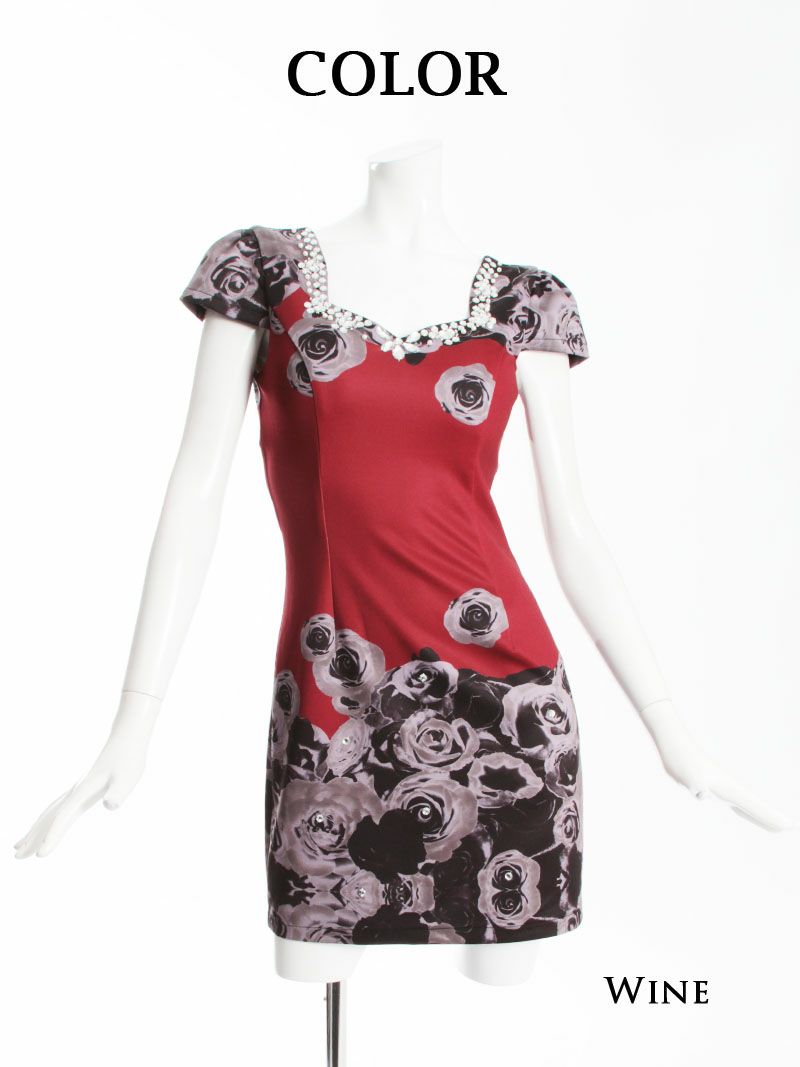 【Belsia】ぼかしRose柄ストレッチミニドレス 袖付きキャバクラドレス【ベルシア】