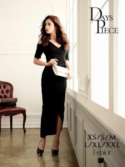 ※一部予約販売※深Vネックオープンショルダーロング丈ブラックキャバワンピース【DAYS PIECE】(XS/S/M/L/XL/XXL)(ブラック)