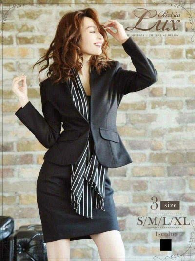ストライプ柄スカーフ付上質ウール風セットアップキャバスーツ 【BelsiaLUX】(S/M/L/XL)(ブラック)【サイズ別SALE】
