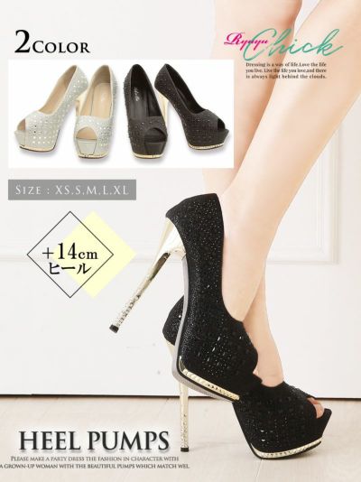 先行予約10%OFF￥4378→￥3979！ ※予約販売※ラメstoneゴールドヒールオープントゥキャバパンプス【RyuyuChick】14cmヒール美脚キャバパンプス(XS/S/M/L/XL)(ブラック/シルバー)