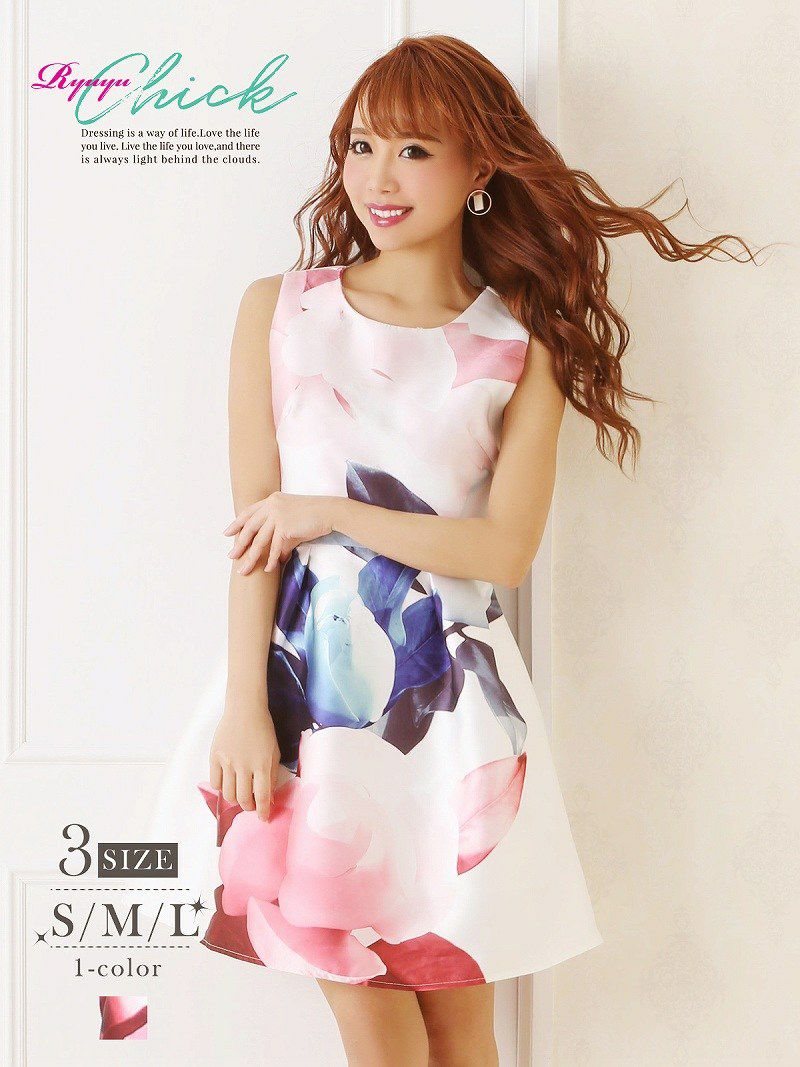 昼夜OK!!鮮やか大判flowerフレアーワンピース【Ryuyuchick】【リューユチック】ノースリーブキャバクラドレス