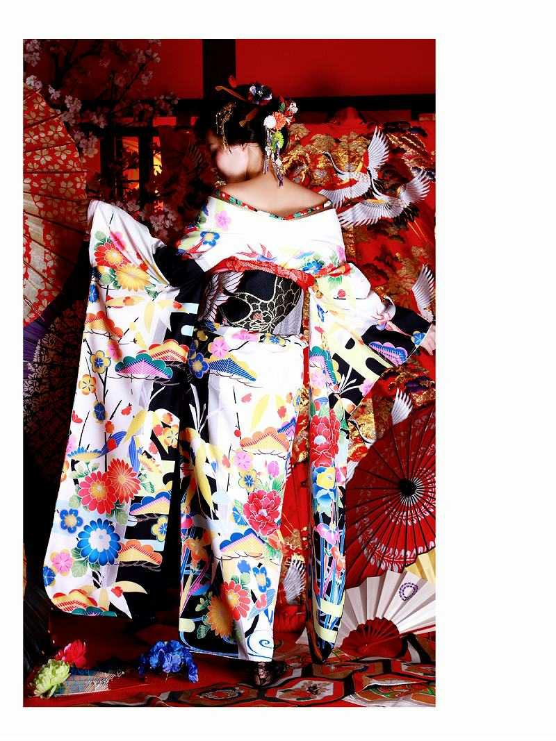 【流遊】豪華16点フルコーデセット!! 白地に艶やか松竹梅模様 花魁着物 OEO【Ryuyu】【リューユ】お仕立て振袖おいらんコーデセット