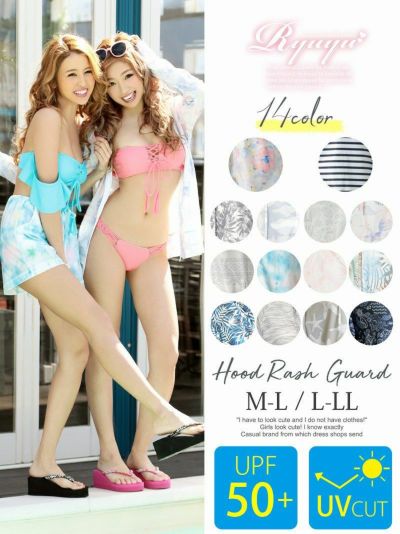 選べる豊富デザイン♪UVカットロング丈指穴つきラッシュガード  フード付きビーチウェア(M-L/L-XL)(フラワー/ボーダー/ボタニカル/カモフラージュ/ペイズリー/シェル/オルテガ/タイダイミント/マーブル/カラーリーフ