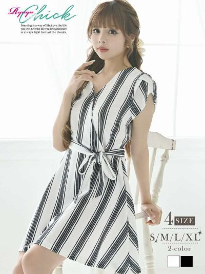 モノトーンストライプ柄Aライン膝丈キャバドレス あいさ 着用 キャバワンピース【RyuyuChick】(S/M/L/XL)(ホワイト/ブラック)