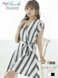 モノトーンストライプ柄Aライン膝丈キャバドレス あいさ 着用 キャバワンピース【Ryuyuchick/リューユチック】(S/M/L/XL)(ホワイト/ブラック)