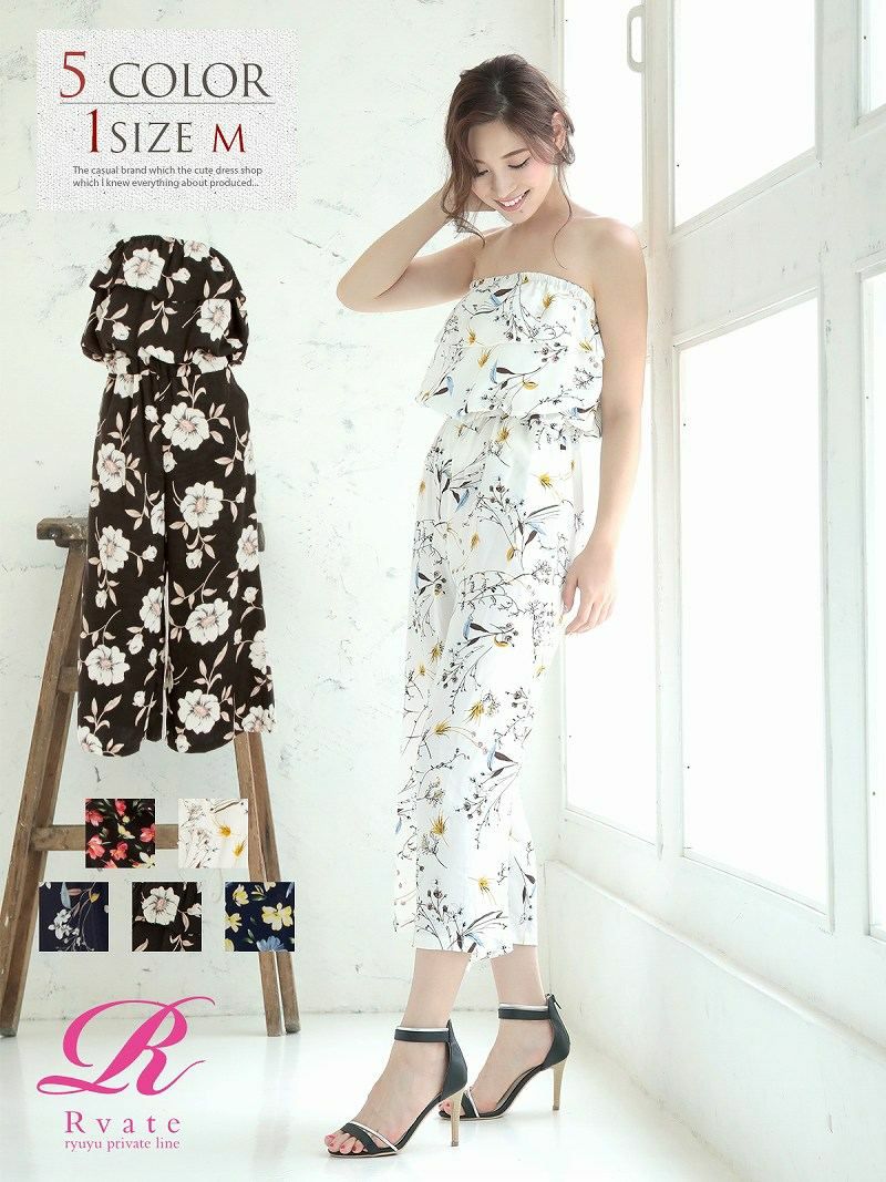 【Rvate】ティアードフリル花柄オールインワン レトロガーリーベアトップサロペット