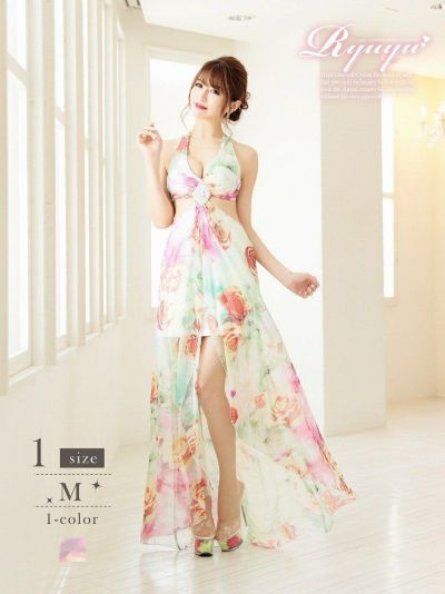 グラデーション花柄前ミニフレアロングドレス 松岡里枝 着用ロングドレス【Ryuyu】カッティングホルターネックキャバロングドレス
